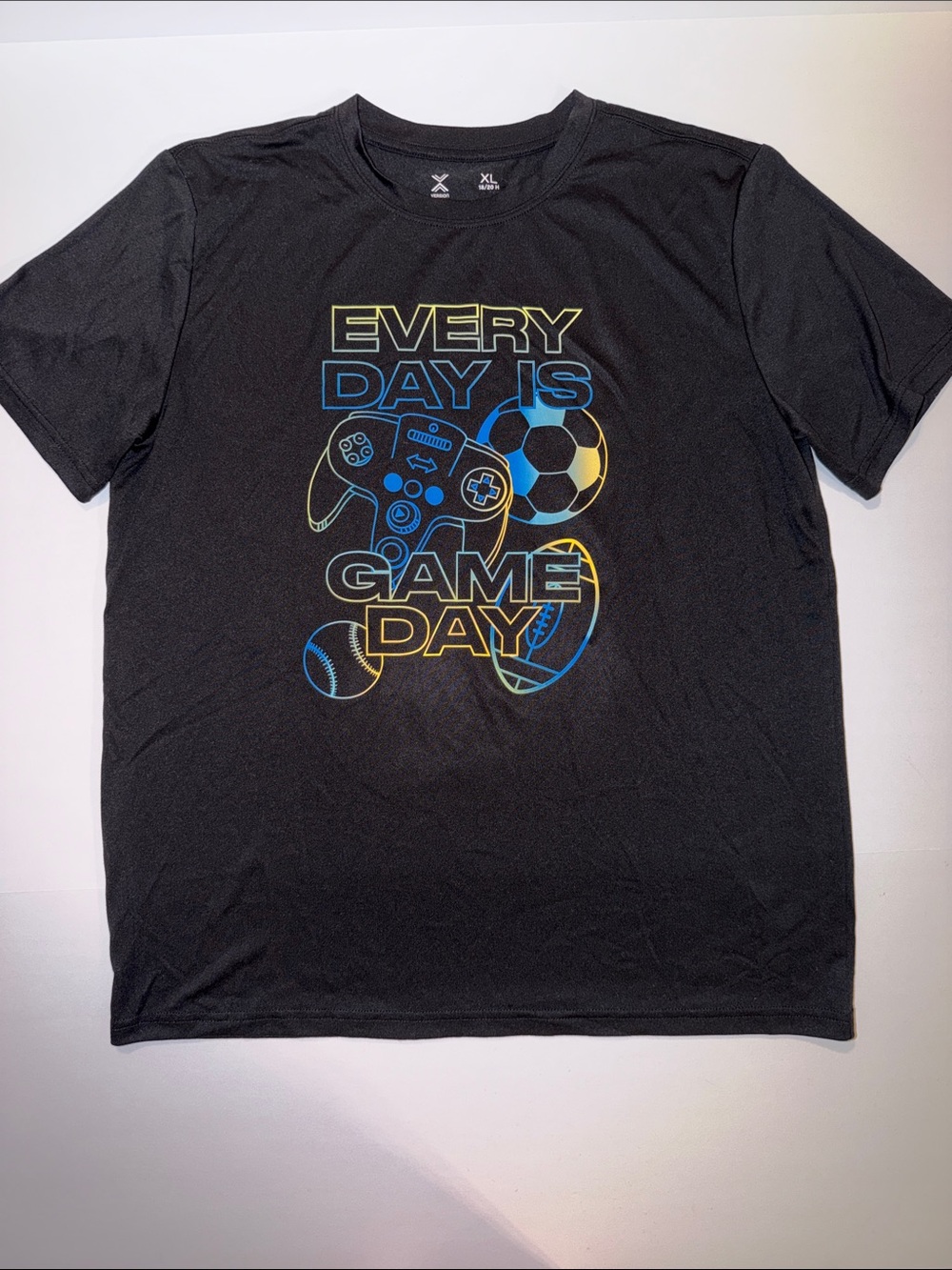 Boys’ Xersion Black Tee with Blue and Yellow Game Day Graphic - XL Husky